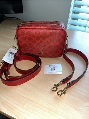 Coach Red Signature Canvas Camera Crossbody with Gold Hardware